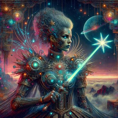 The primary subject of the image is a woman dressed in a futuristic outfit, holding a green sword. She is standing in front of a backdrop featuring a planet and a star. The visual style of the image is digital art, with the woman's outfit and the background elements created using computer-generated graphics. The colors and mood of the image are predominantly dark and dramatic, with the woman's outfit and the digital elements creating a sense of futuristic fantasy.